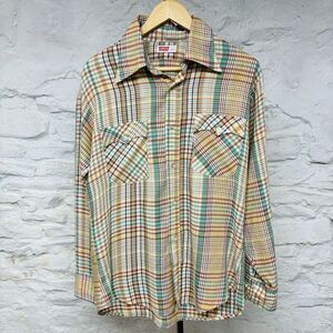 Vintage 60s 70s levis USA Western Shirt White Tab Thin Soft Orange Green Plaid